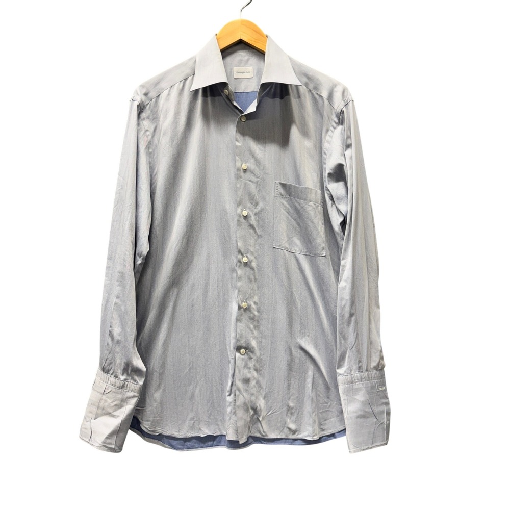 Ermenegildo Zegna Button Up Shirt Mens 41/16 Regular Fit Light Blue Herringbone